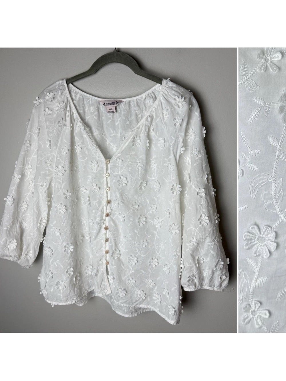 Nanette Lepore Blouse Size Large Top White 3D Floral Embroidered 3/4 Sleeves
